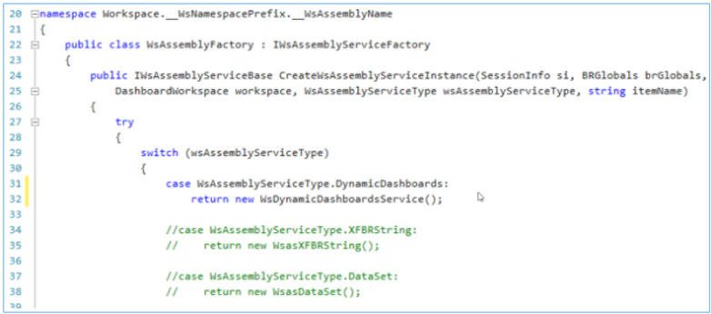 Sample Service Factory with a DynamicDashboard call that has a yellow highlight line on lines 31-32.